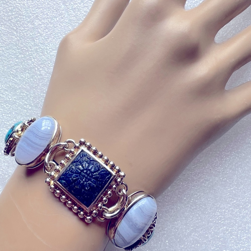 Whitney Kelly bracelet  sterling silver carved Lapis Lazuli lace AgateTurquoise